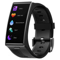 Black or silver Bluetooth waterproof sports watch with blood pressure monitoring on a silicone wrist strap.