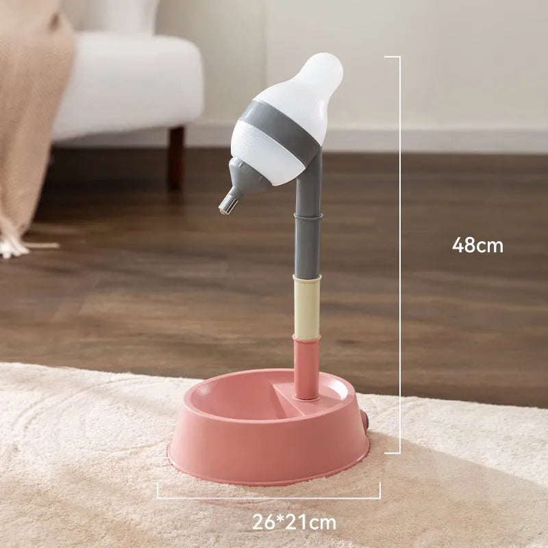 Grey adjustable height pet water dispenser bowl on a stand with a drinking nozzle