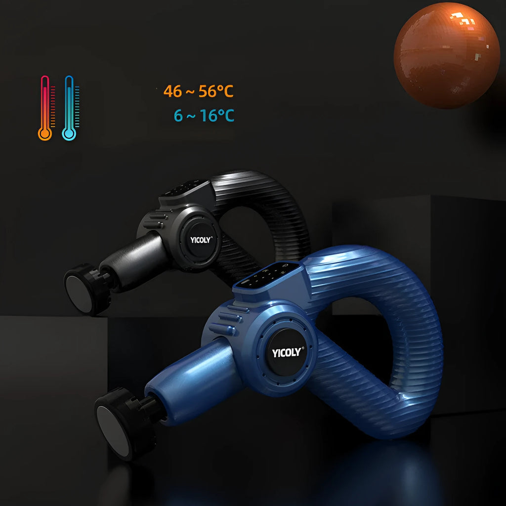 Black smart muscle massage gun with multiple attachment heads on a table