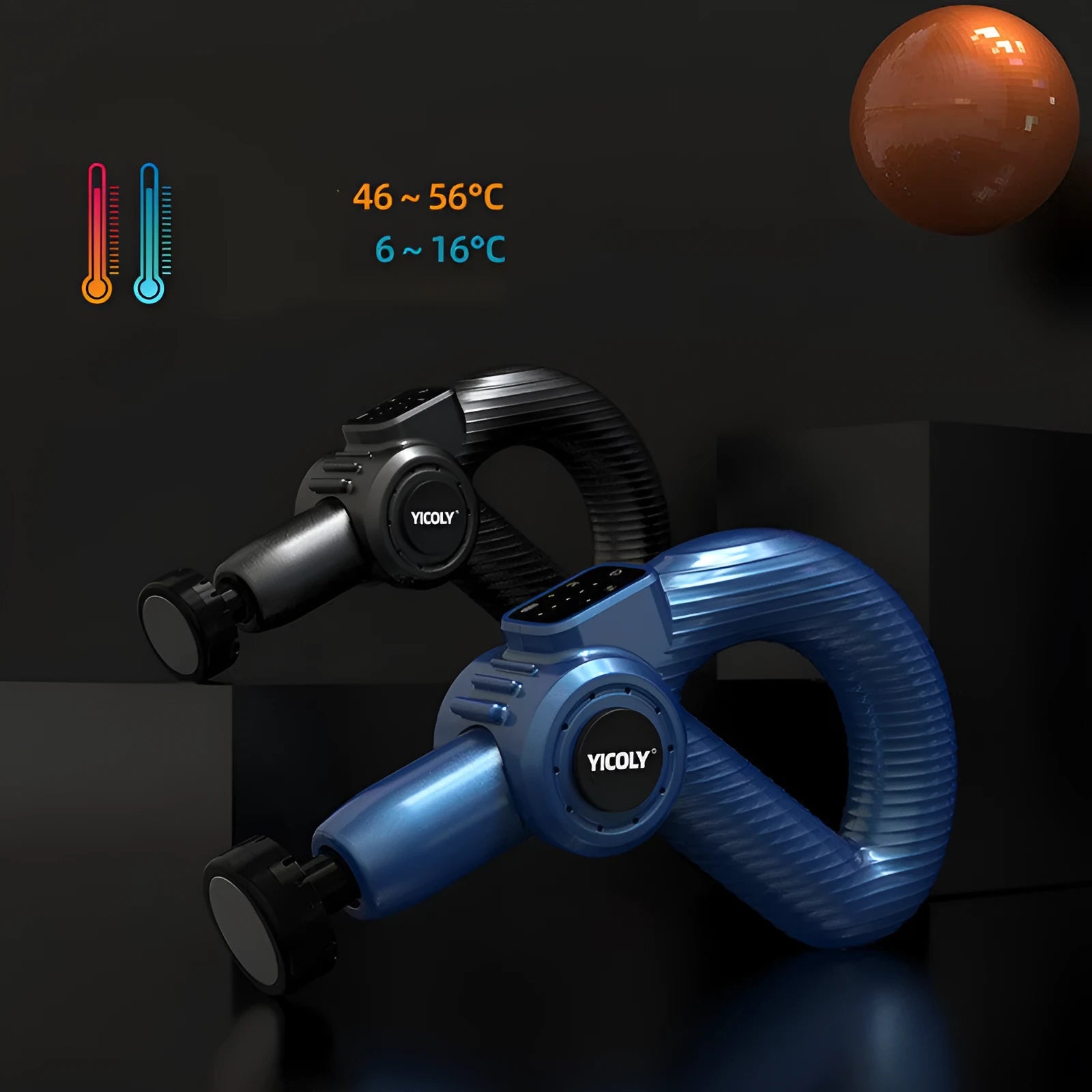 Black smart muscle massage gun with multiple attachment heads on a table
