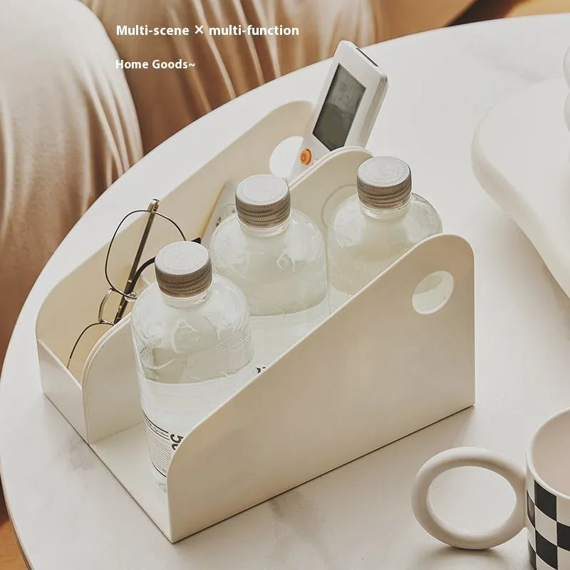 Plastic desktop storage box with two-layer grid compartments in milk coffee colour