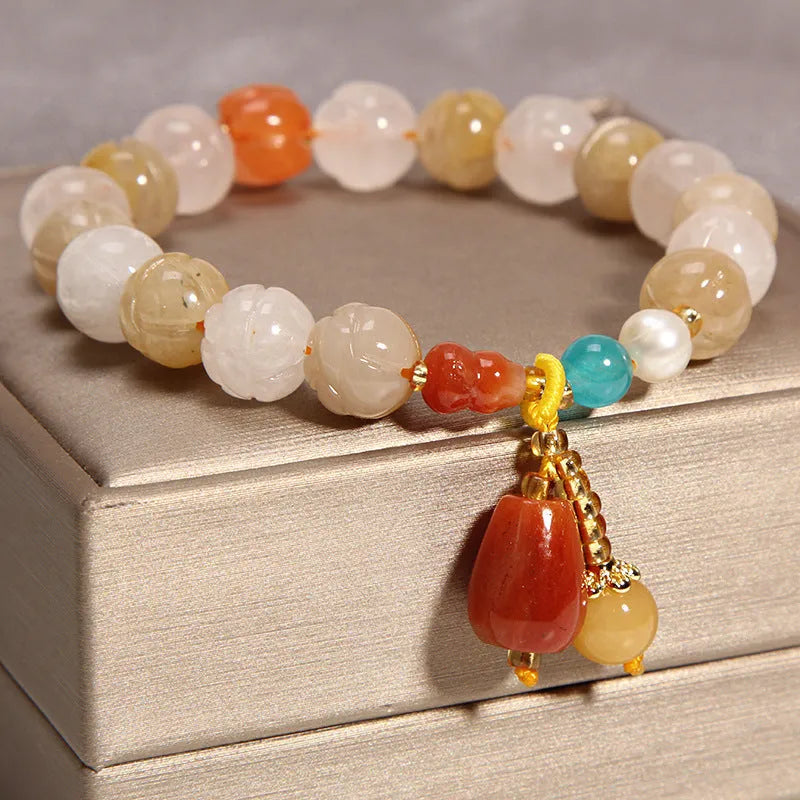 Yellow khaki agate crystal bracelet with gold silk thread for women