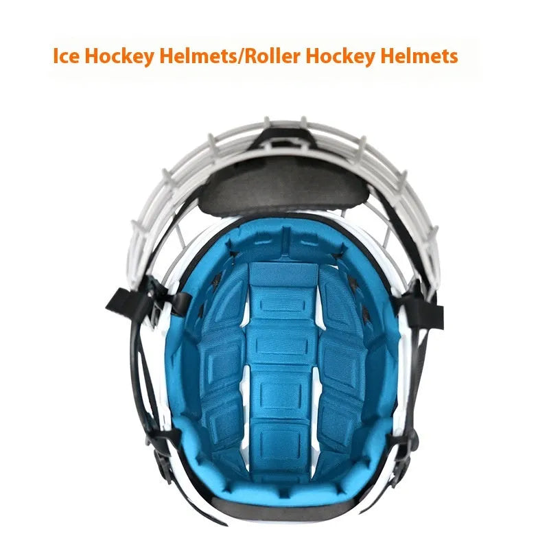Ice hockey helmet with a carbon steel face mask shown in a size, featuring a hard white shell and cushioned black interior.