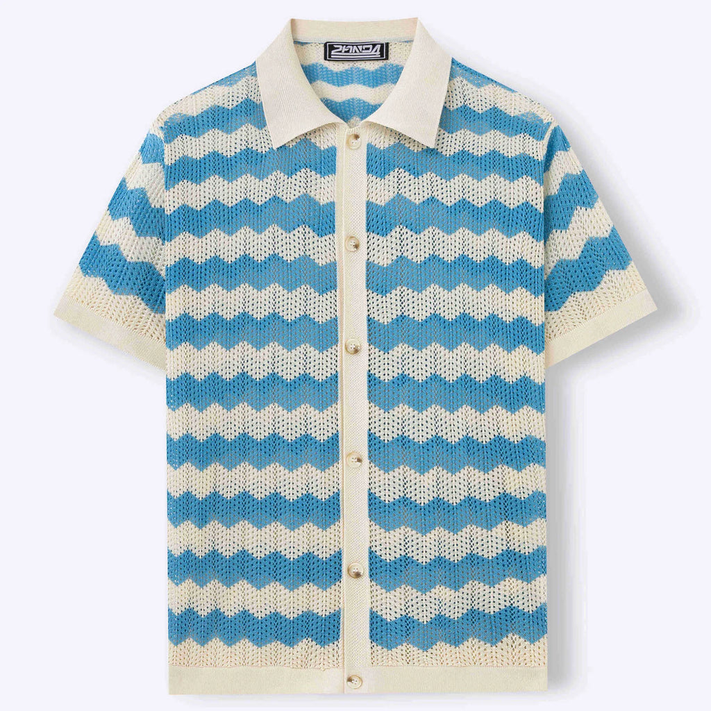 American-style hollow jacquard corrugated short-sleeve sweater in blue, brown, or yellow with flocked detailing.