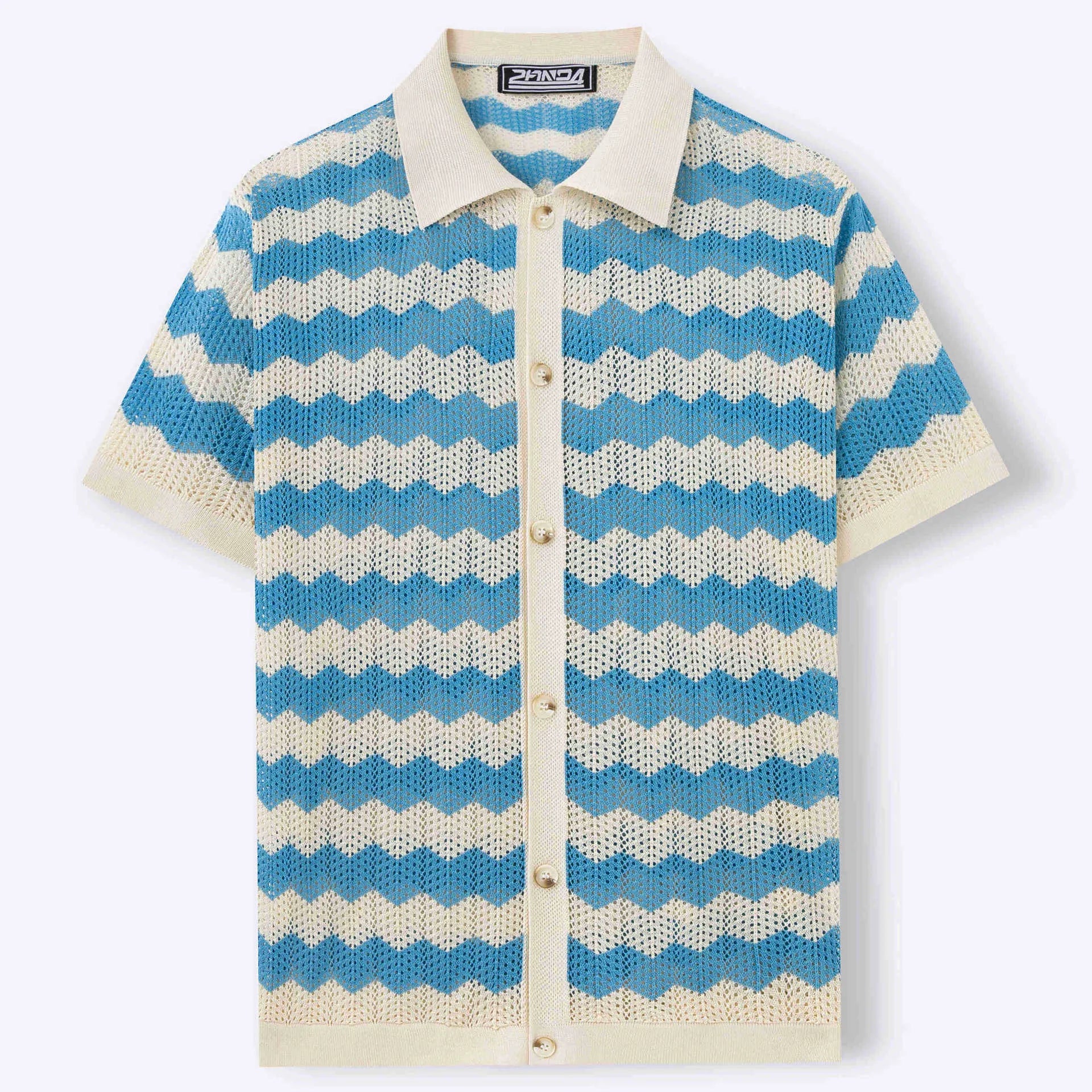 American-style hollow jacquard corrugated short-sleeve sweater in blue, brown, or yellow with flocked detailing.