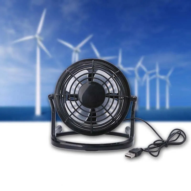 Mini USB desk fan in black colour with adjustable tilt, showing 96mm blades and USB cable
