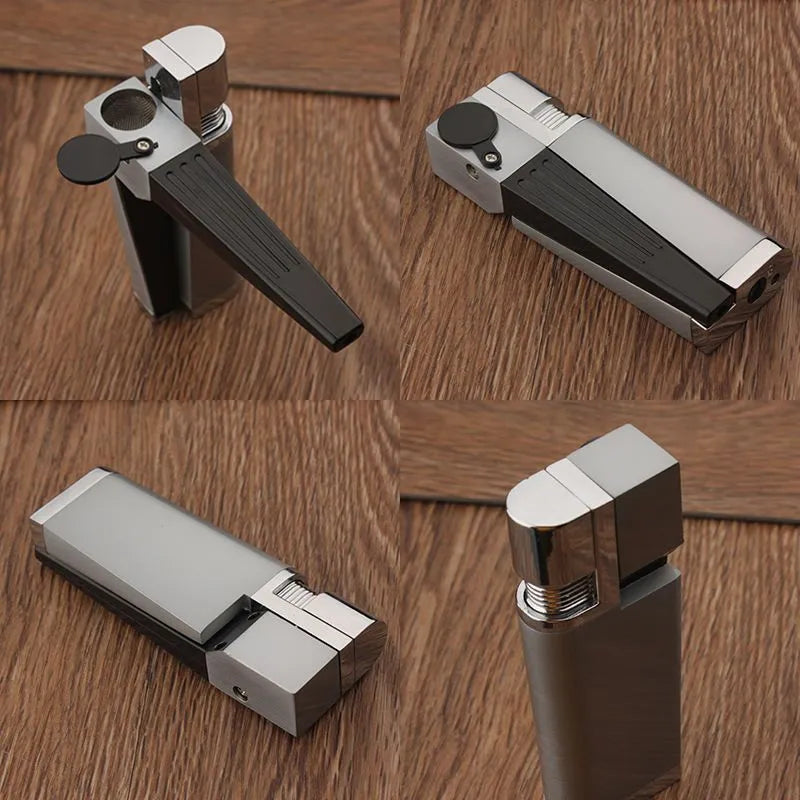 Silver and black foldable metal pipe lighter with stash compartment closed.