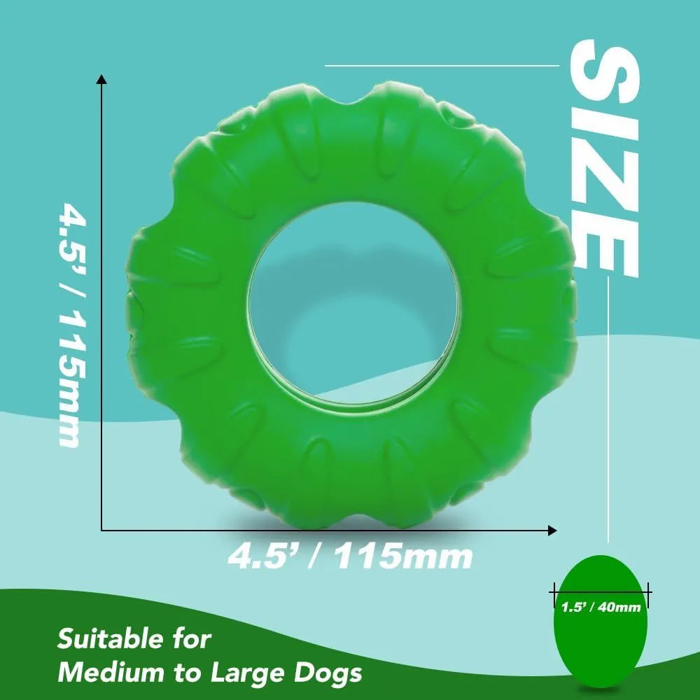 Blue rubber tyre-shaped dog chew toy with oval openings, for medium to large breed dogs.