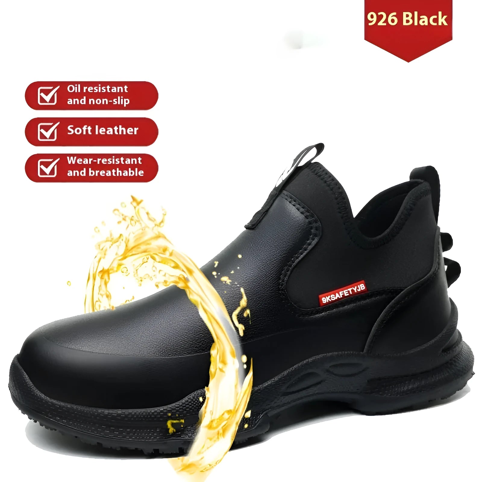 Black high-cut microfiber leather work boots with rubber soles for waterproof, oil-resistant protection.