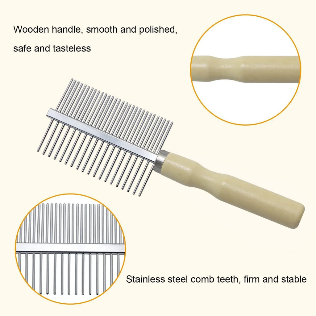 Wooden handle pet grooming comb for dogs and cats on a neutral background.