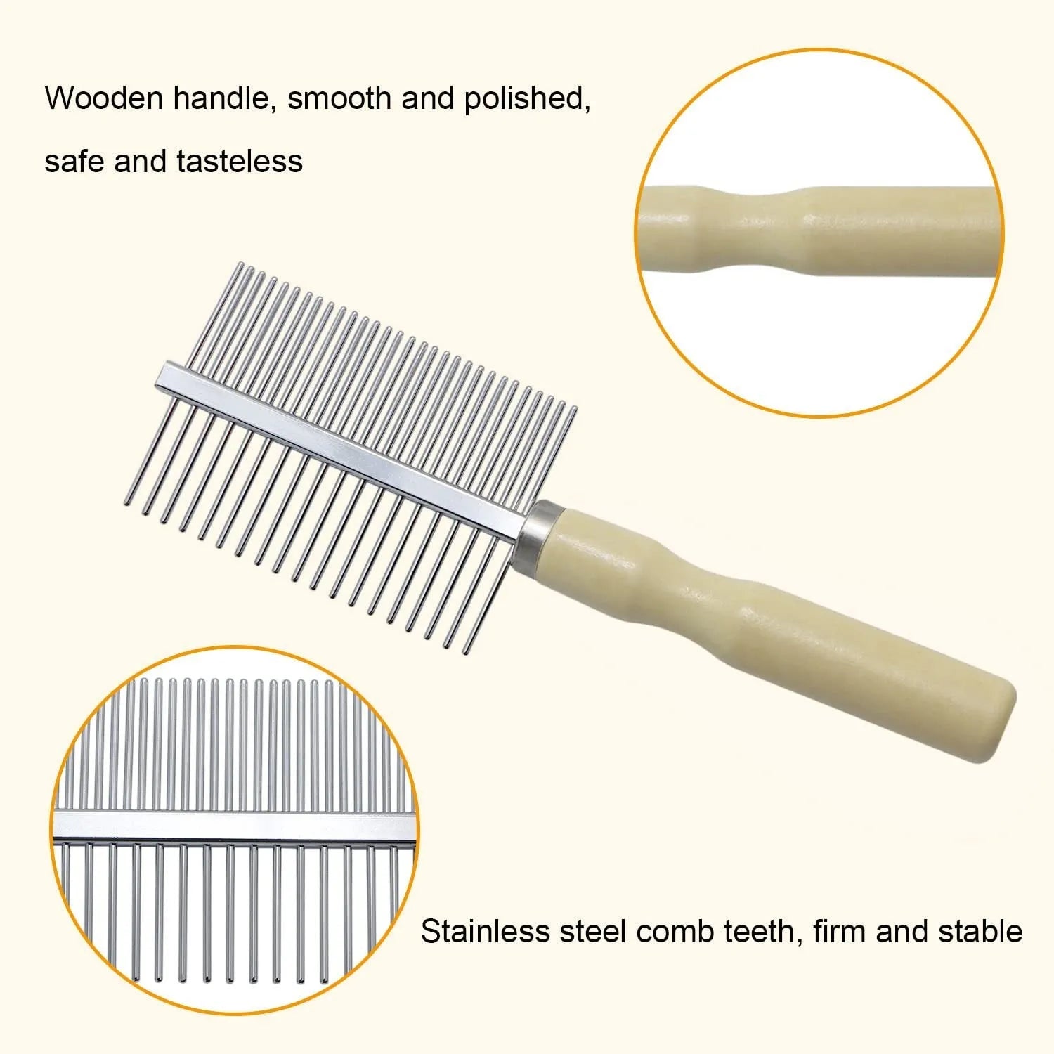Wooden handle pet grooming comb for dogs and cats on a neutral background.