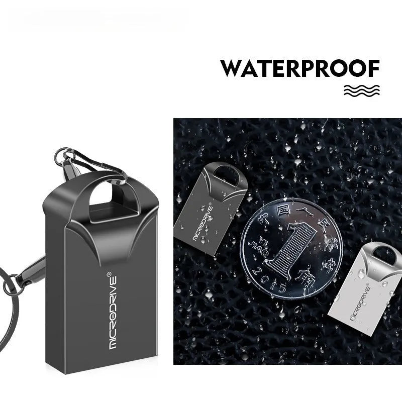 Mini black aluminium USB flash drive showing compact size next to coin for scale