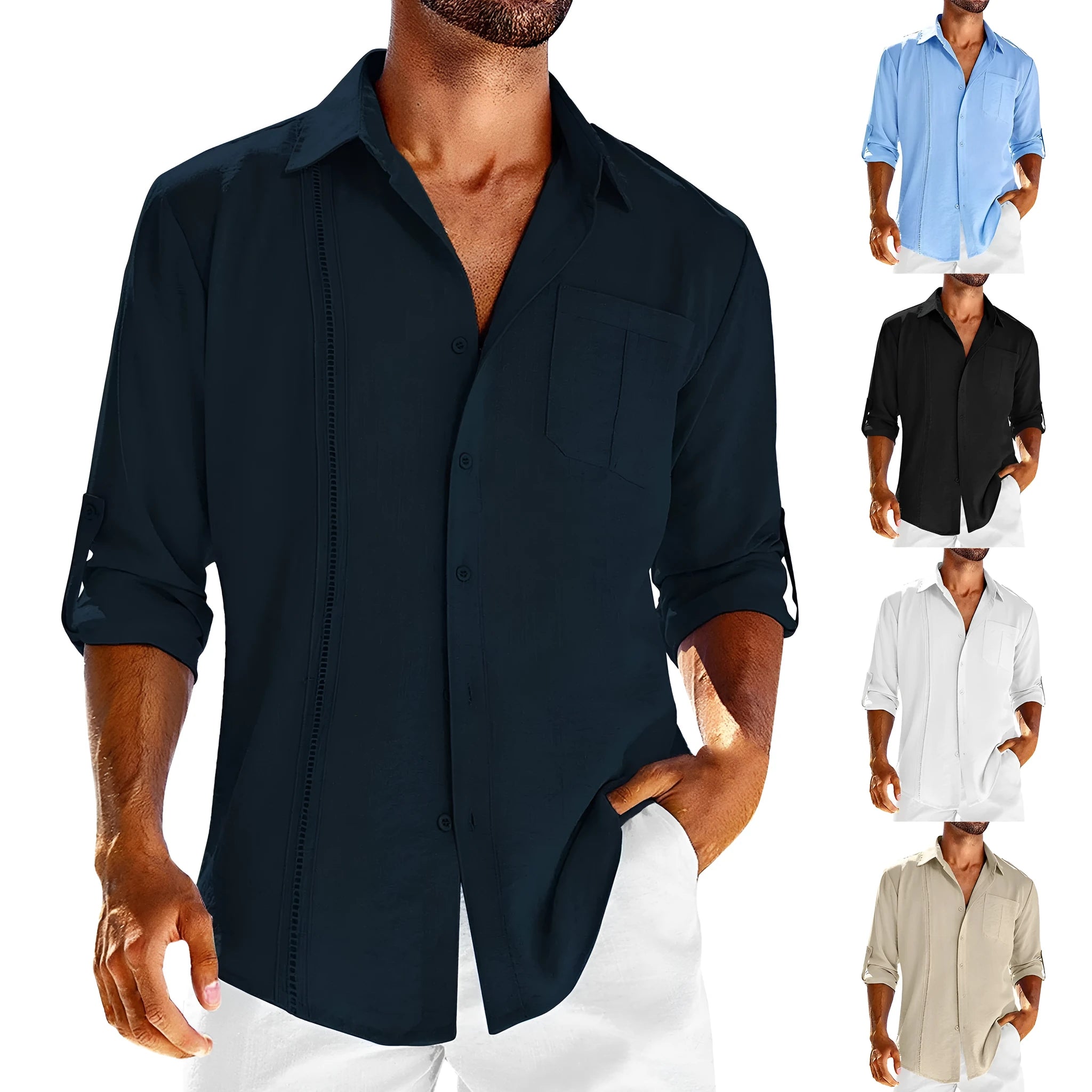A man wearing a solid colour long sleeve shirt with a button-up polo collar and a chest pocket.