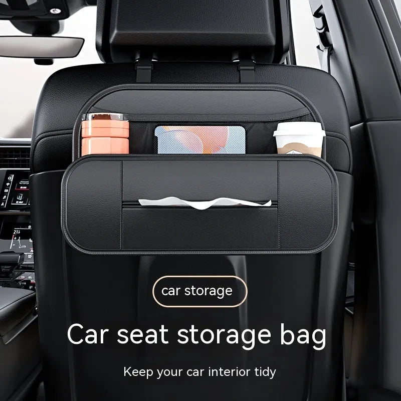 Black genuine leather car seat rear storage bag with dimensions 36cm wide by 24cm tall