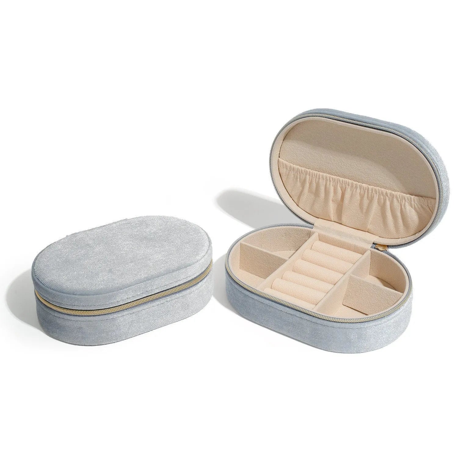 Oval velvet jewellery storage box in multiple colours with flannel lining for rings and earrings