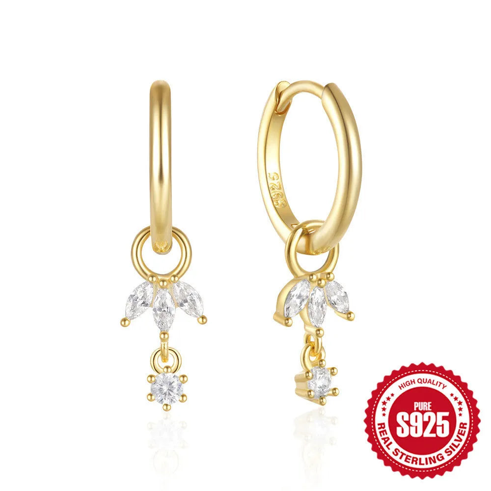 Sterling silver earrings with geometric sunflower design and inlaid zircon stones in golden-three diamond colour