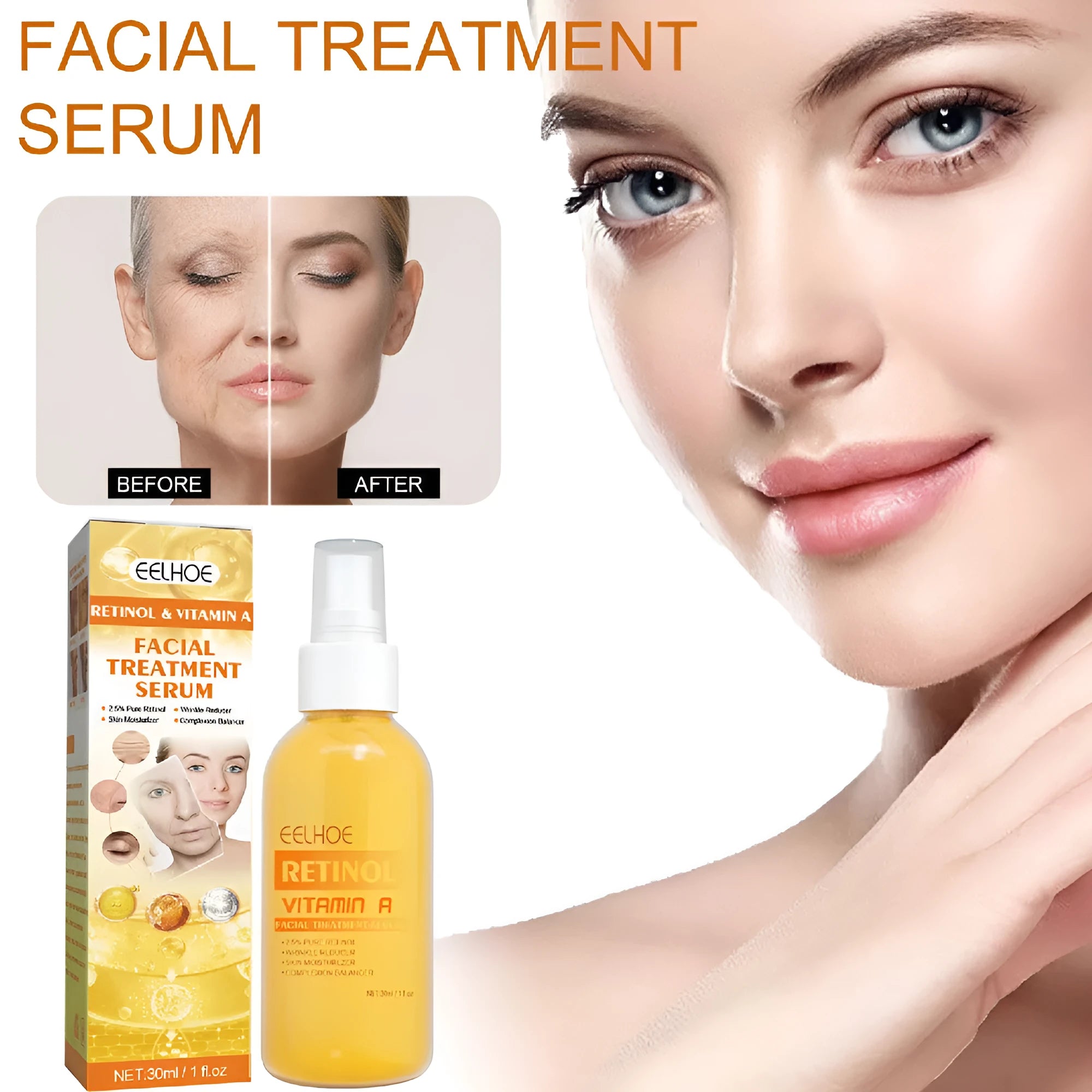 Boxed Retinol anti-wrinkle essence spray bottle with 30ml capacity for facial skincare