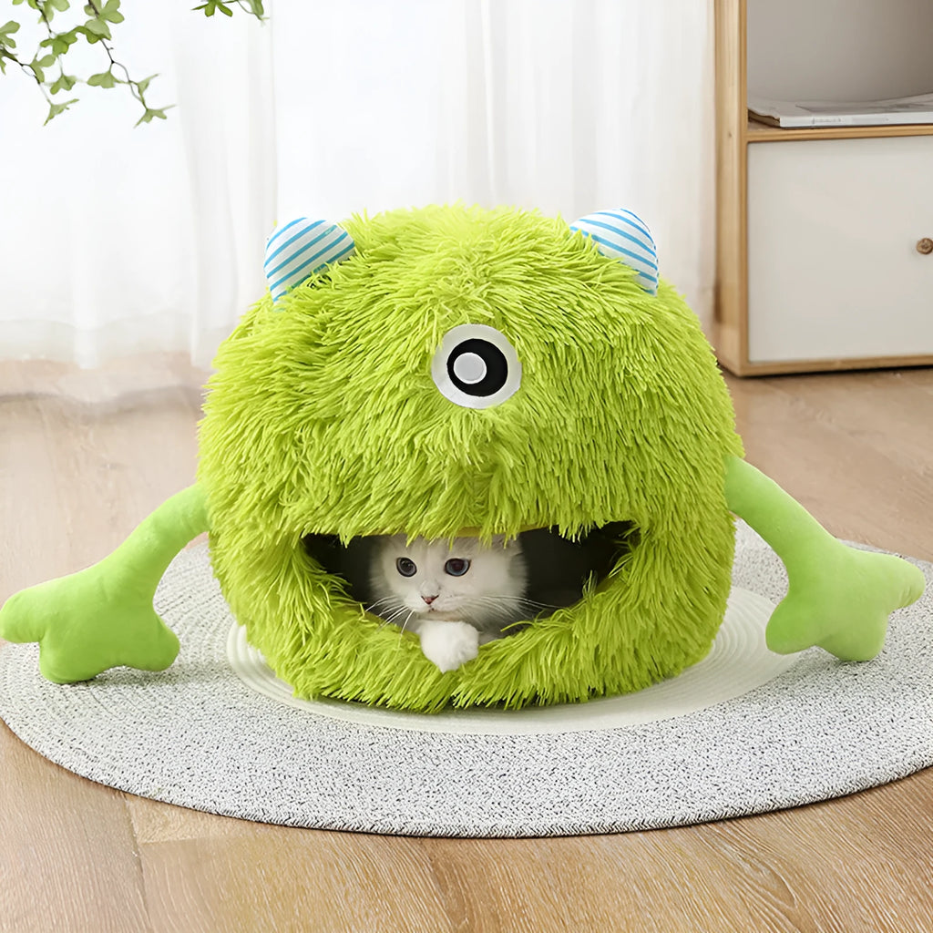 Fluffy round plush cat bed with non-slip base in small, medium, and large sizes.