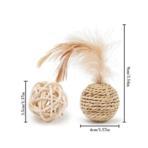 Two cat toys: rattan ball and faux feather ball with bell for kitten play