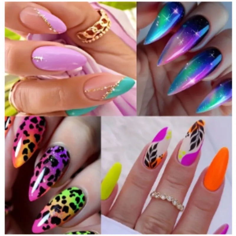 Four boxes of almond-shaped frosted nail stickers showing French leaves, leopard print, macaron and plating designs with tulip pattern