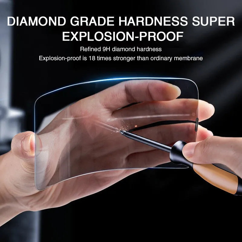 iPhone anti-peeping tempered glass screen protector showing full-screen coverage on a mobile phone.