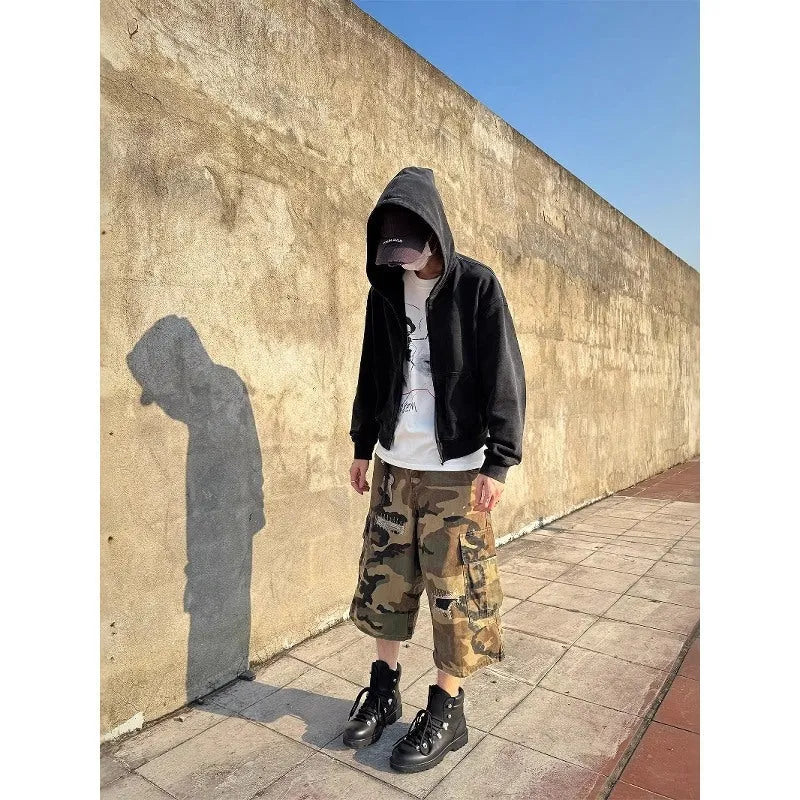 Men's camouflage cropped jeans with retro patch ripped detailing on straight cut loose fit