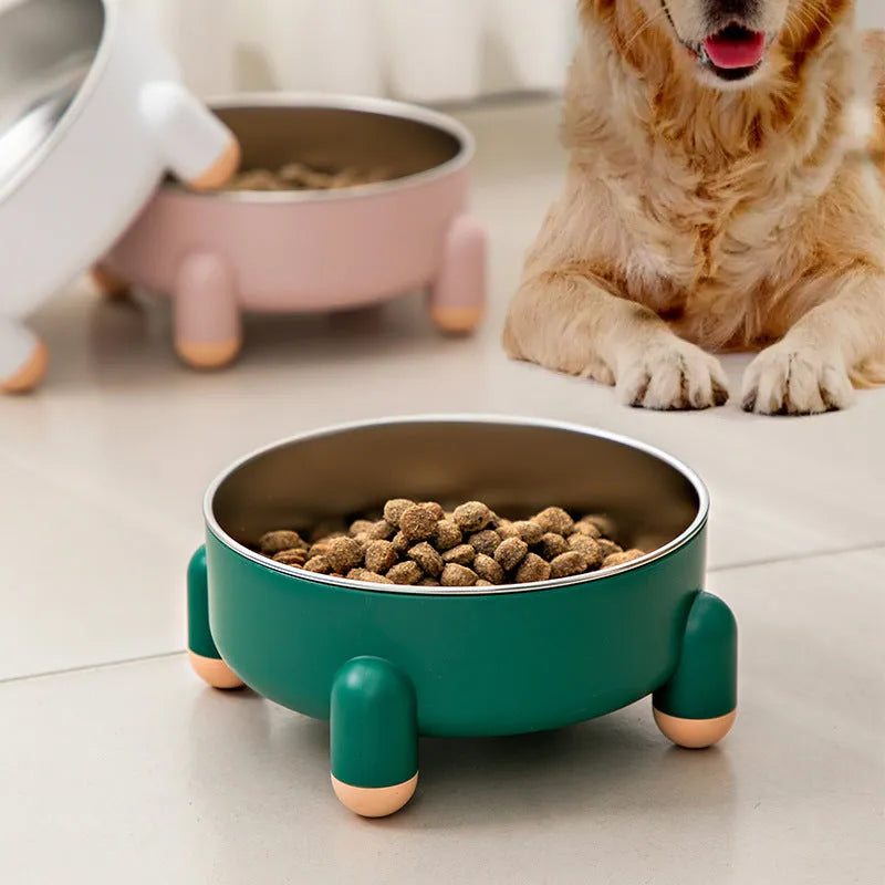 Stainless steel pet bowl with high foot design in green, pink, and white colour options