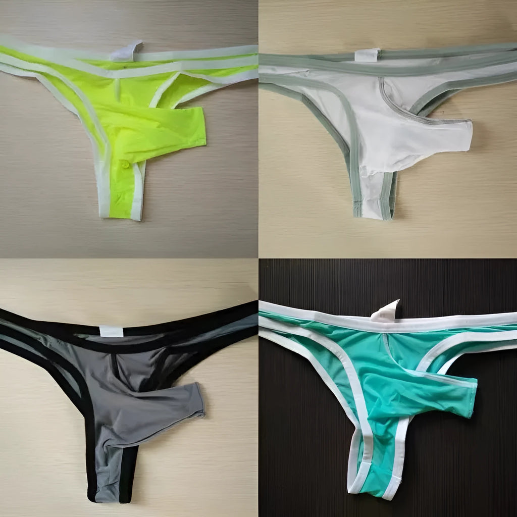 Men's ice silk nylon briefs in seven colour options on a size chart