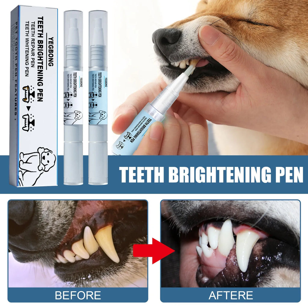 Yegbong pet teeth whitening pen for dogs and cats with dental brushes, showing dual-chamber 3ml+3ml design