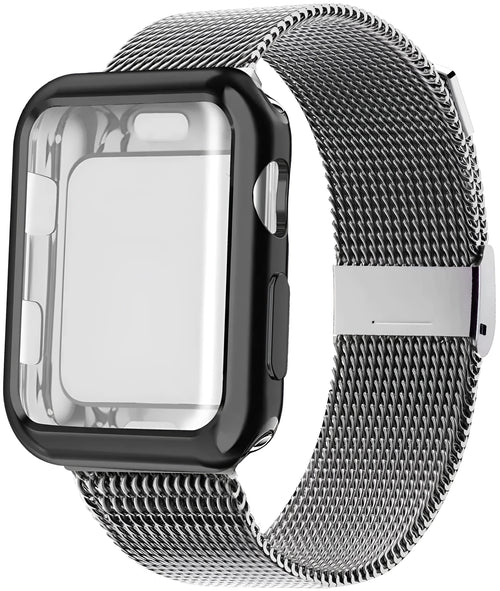 Magnetic Milanese metal band for Apple Watch in silver on a 42mm watch, showing adjustable clasp.