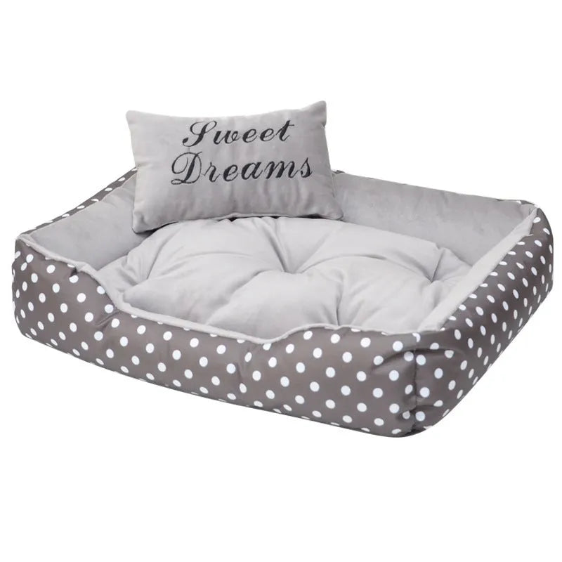 Polka dot print small dog bed with matching square embroidery pillow in grey, blue, pink, or red.
