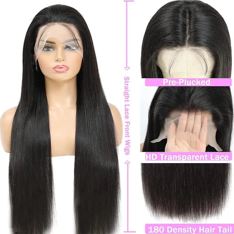 Black straight human hair wig with 13x6 transparent lace front, shown in long length.