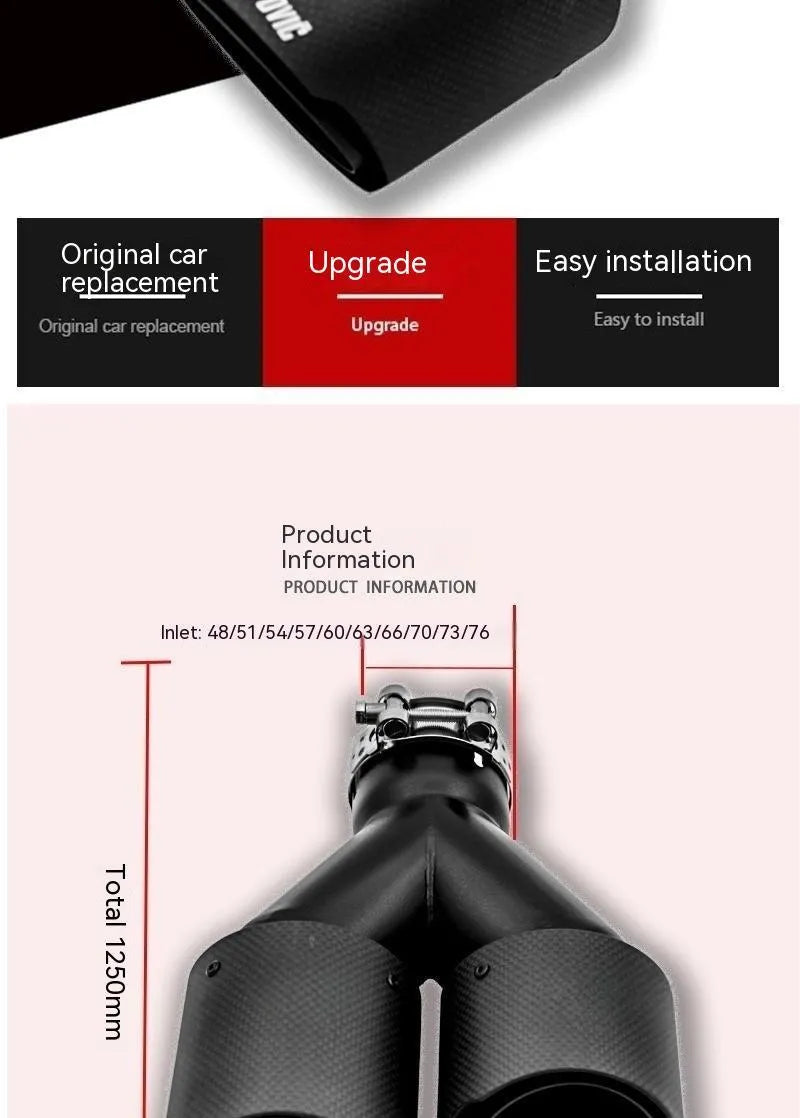 Black carbon fibre car exhaust silencer pipe with dual outlets, one nozzle open and one closed, showing 250mm length.