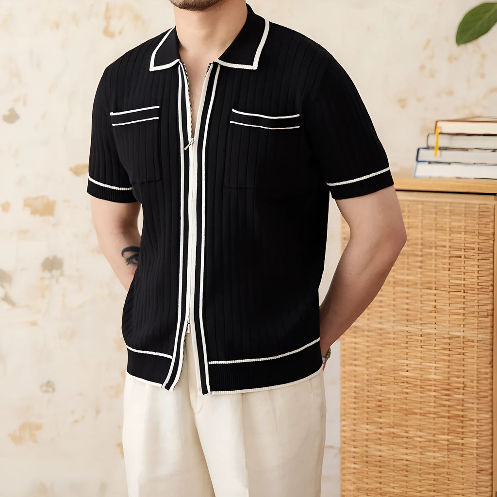 Slim elastic polo shirt with lapel collar and short sleeves in black or white colours