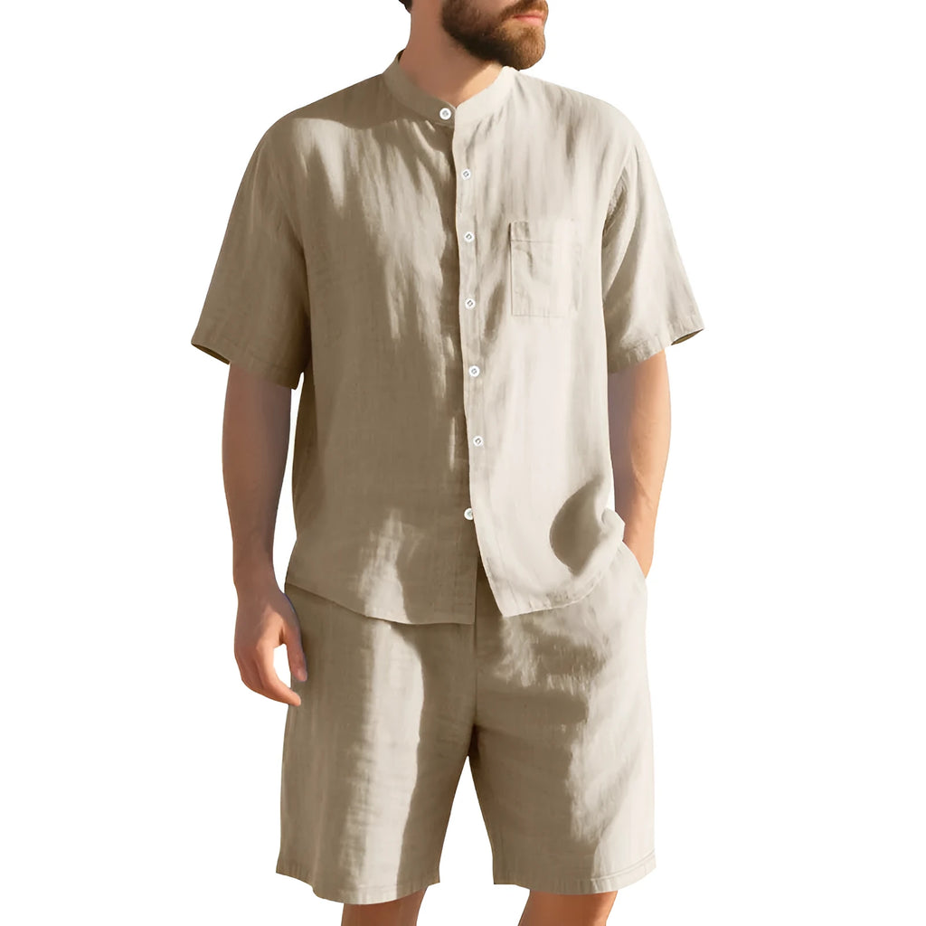 Men's light blue short-sleeve linen shirt and matching shorts, a casual two-piece summer suit set.