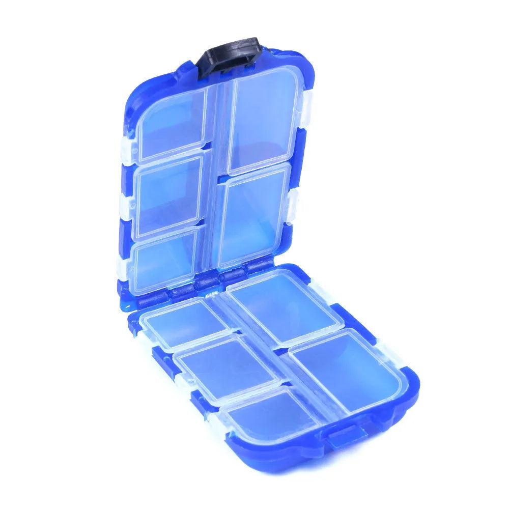 Green plastic fishing tackle storage box with 10 internal grid compartments for organisation