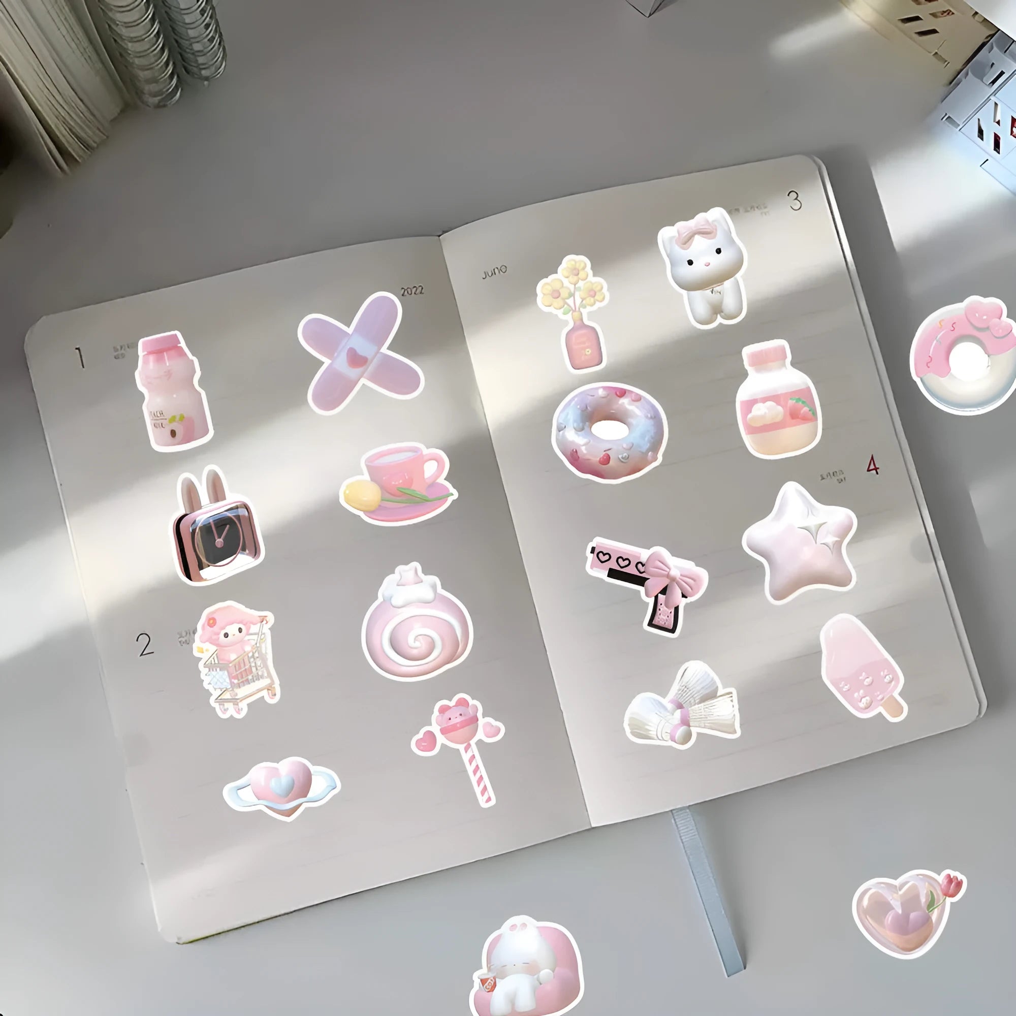3D decorative stickers with pink heart designs in two style variations