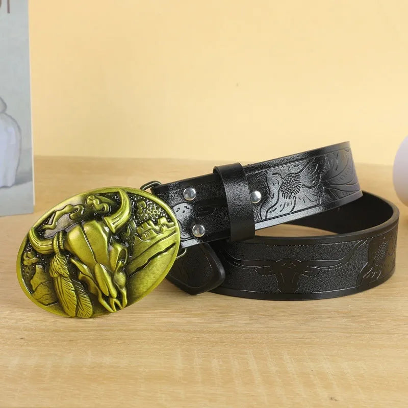 Men's black imitation leather belt with a detailed silver alloy cow head buckle and pin fastening.