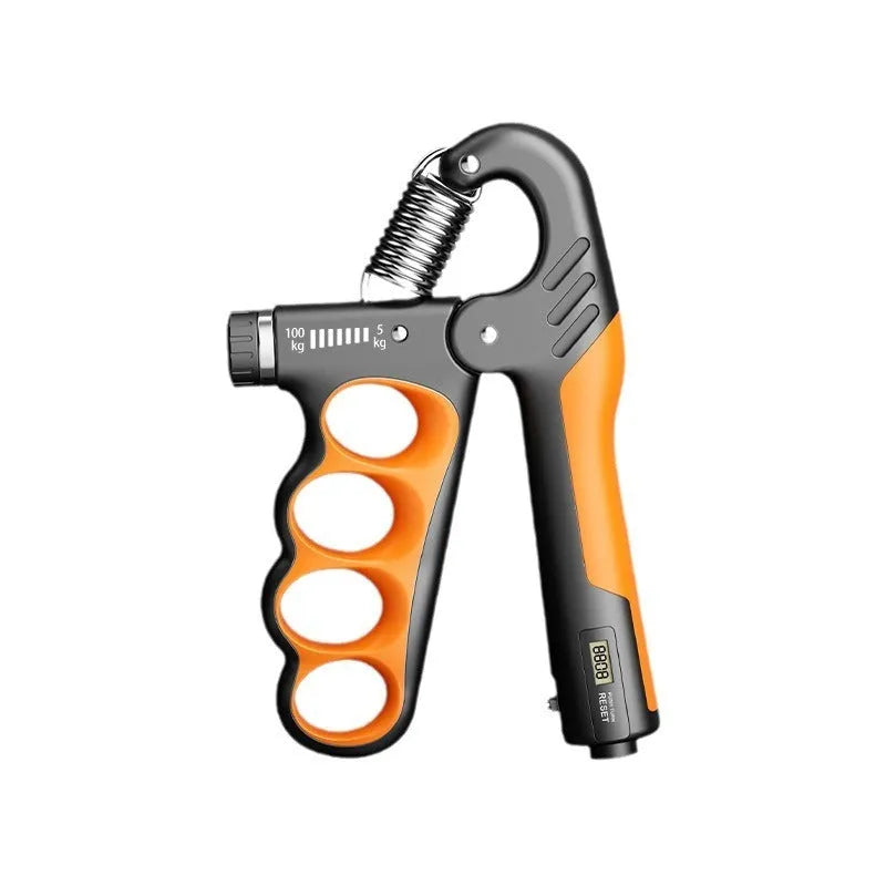 Electronic spring grip with digital counter in orange, red, or grey for fitness training.