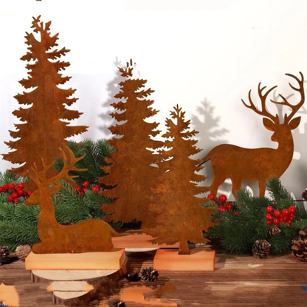 Three metal Christmas tree elk decorations with rusty patina finish displayed together
