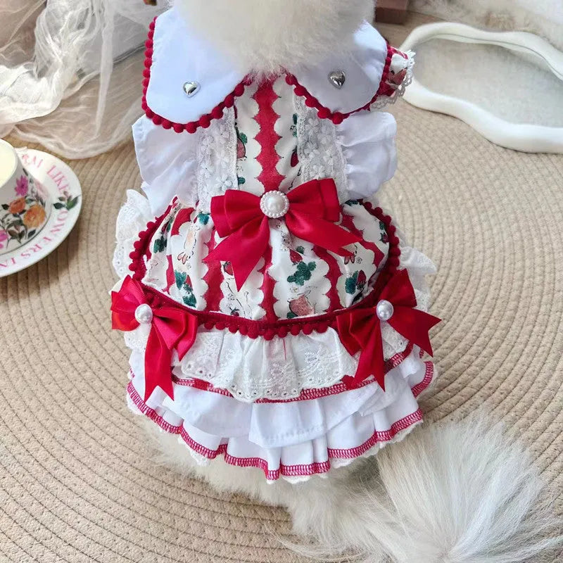 Rabbit skirt princess style dog costume made from polyester fabric on a small dog.