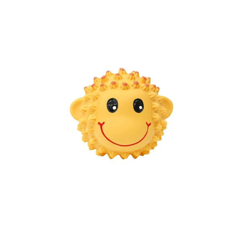 Orange or yellow spiky lamb or monkey latex squeaky dog toy for small medium breeds.