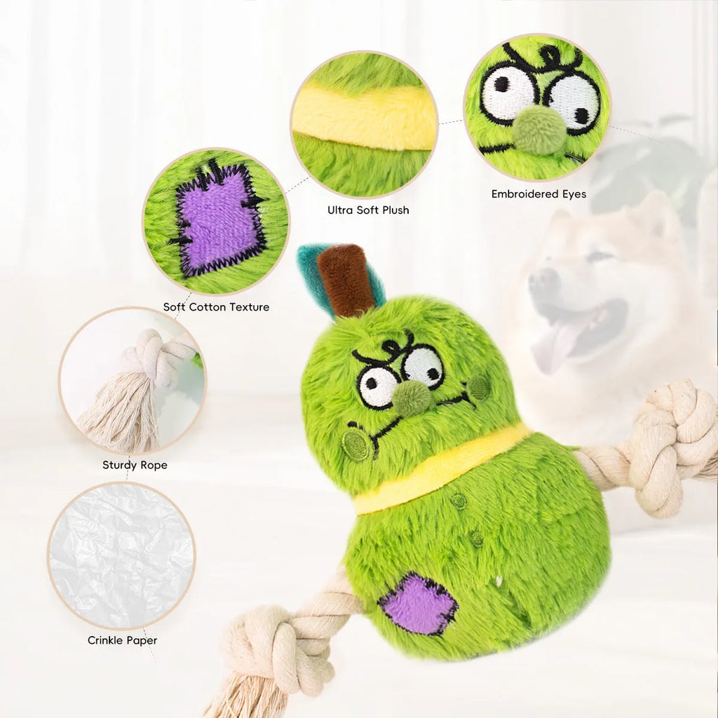 Green interactive dog toy with plush rope knot and white molar tooth chew element