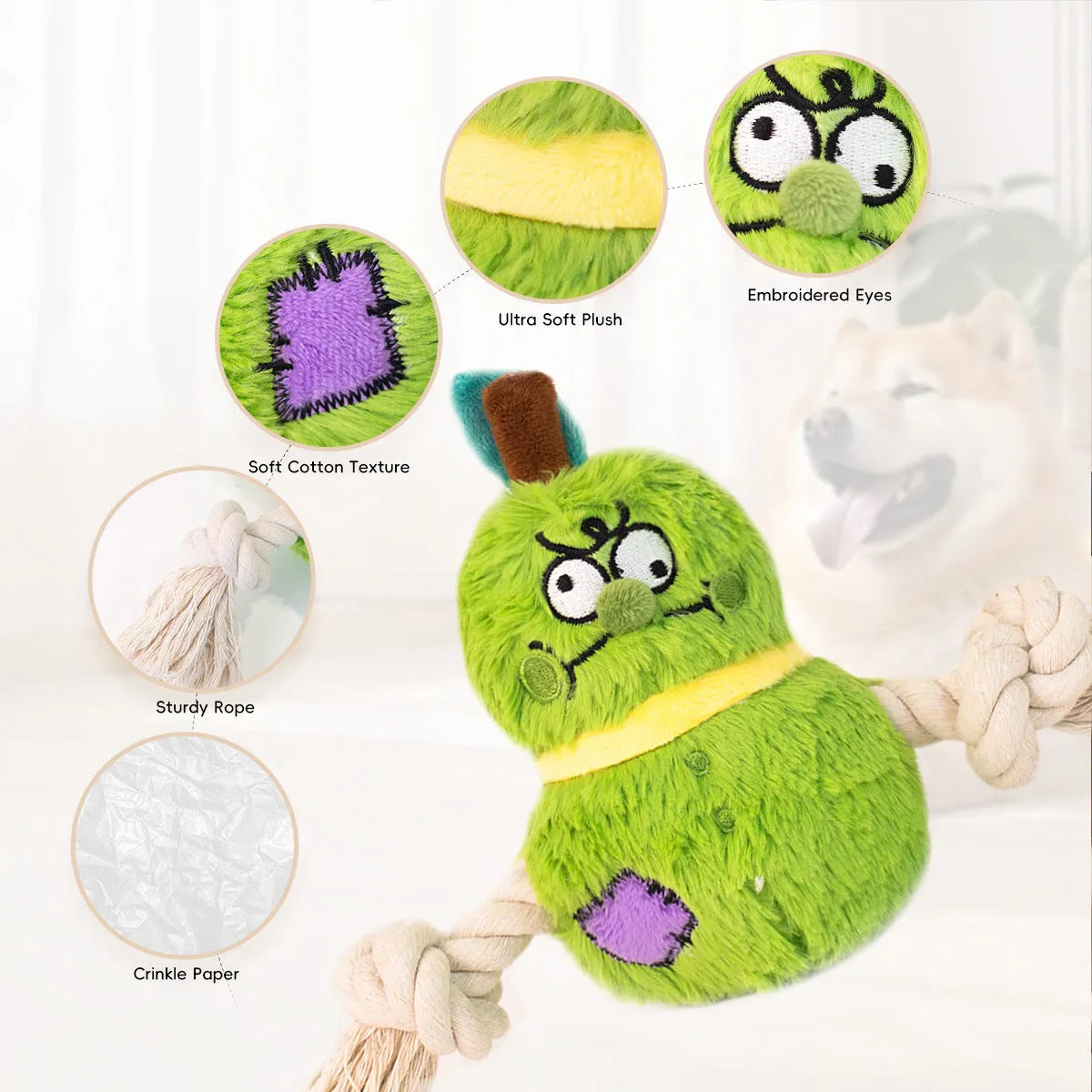 Green interactive dog toy with plush rope knot and white molar tooth chew element