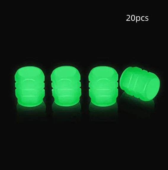 Rubber luminous tyre valve caps in multiple colours showing pack size options for bicycle and motorbike wheels