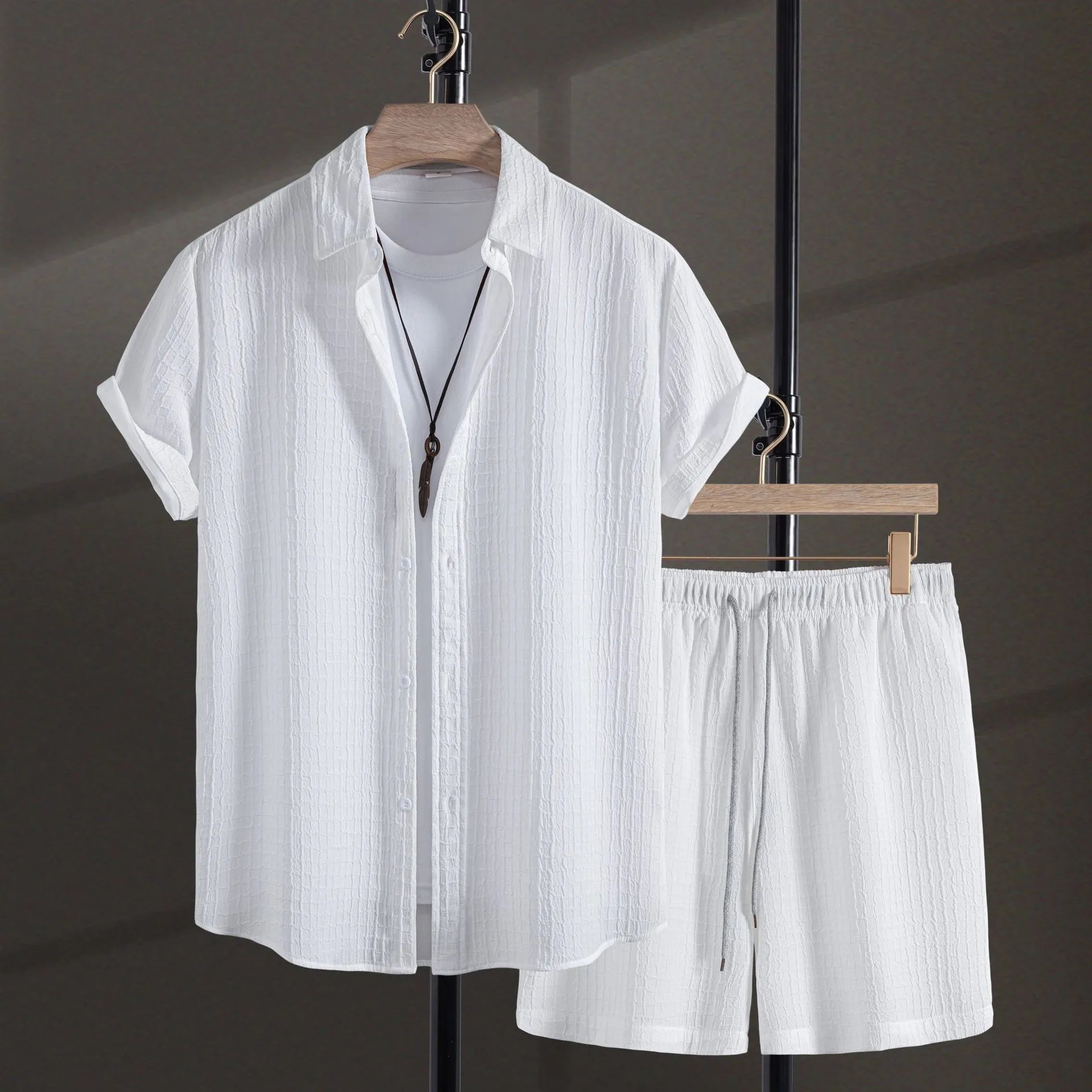 Men's cotton blend jacquard short sleeve shirt and shorts suit in black or white colours