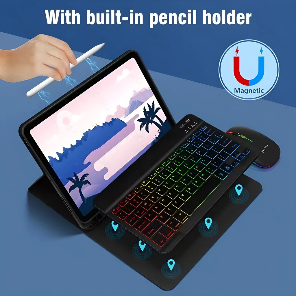 Colourful iPad leather case with attached luminous RGB backlit Bluetooth keyboard on a desk.
