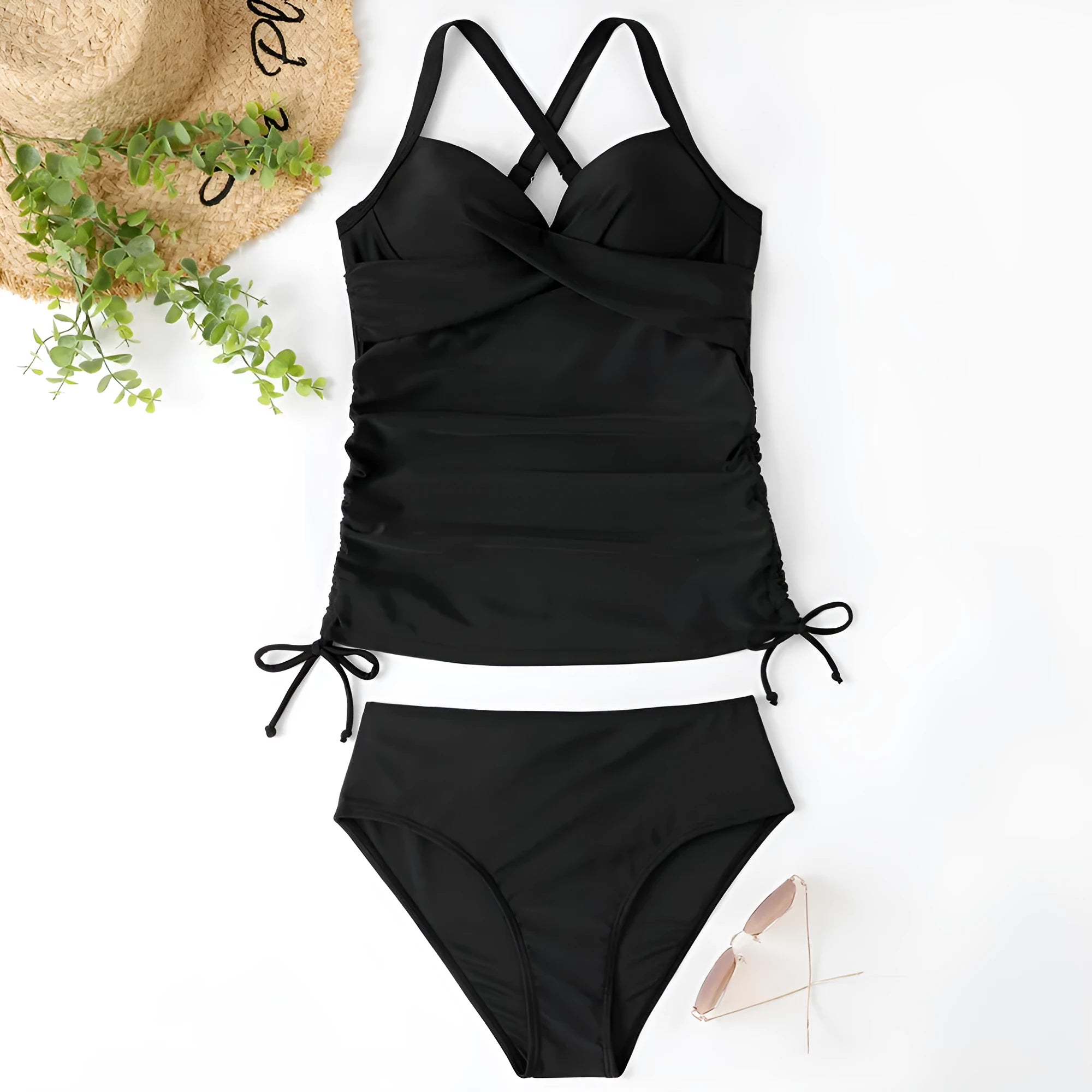 Women's slim fit nylon bikini set in black, army green, leopard print or green leaves patterns