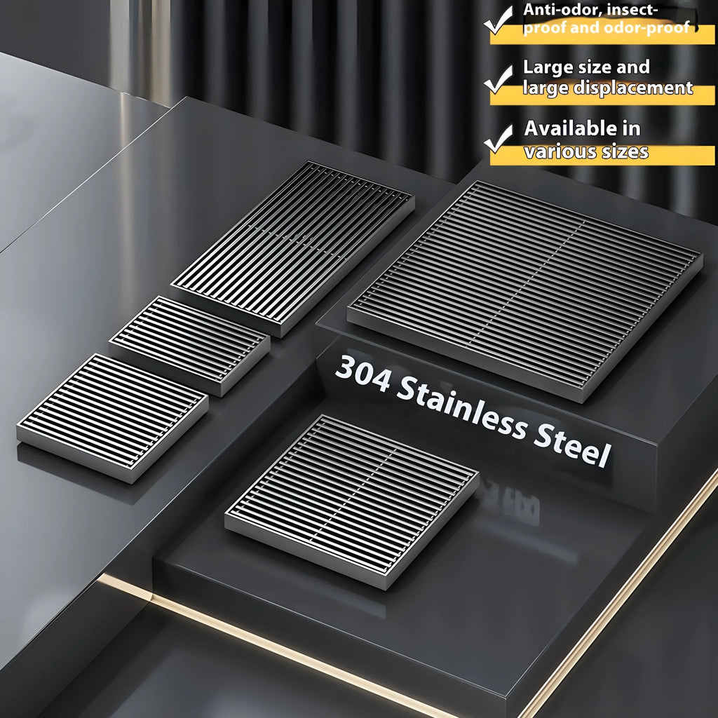 Gun grey 304 stainless steel courtyard floor drain with a square 15x15 cm design and ABS plastic core.