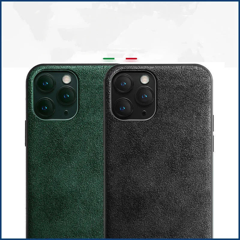 Suede full-cover phone case for iPhone in dark blue, dark night green, or elegant black.